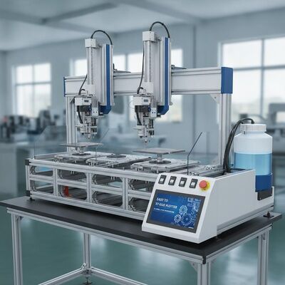 Machine à coller à l'aide d'un traceur de colle XY avec sélection flexible de postes de travail pour jusqu'à quatre opérateurs et 24 heures de travail